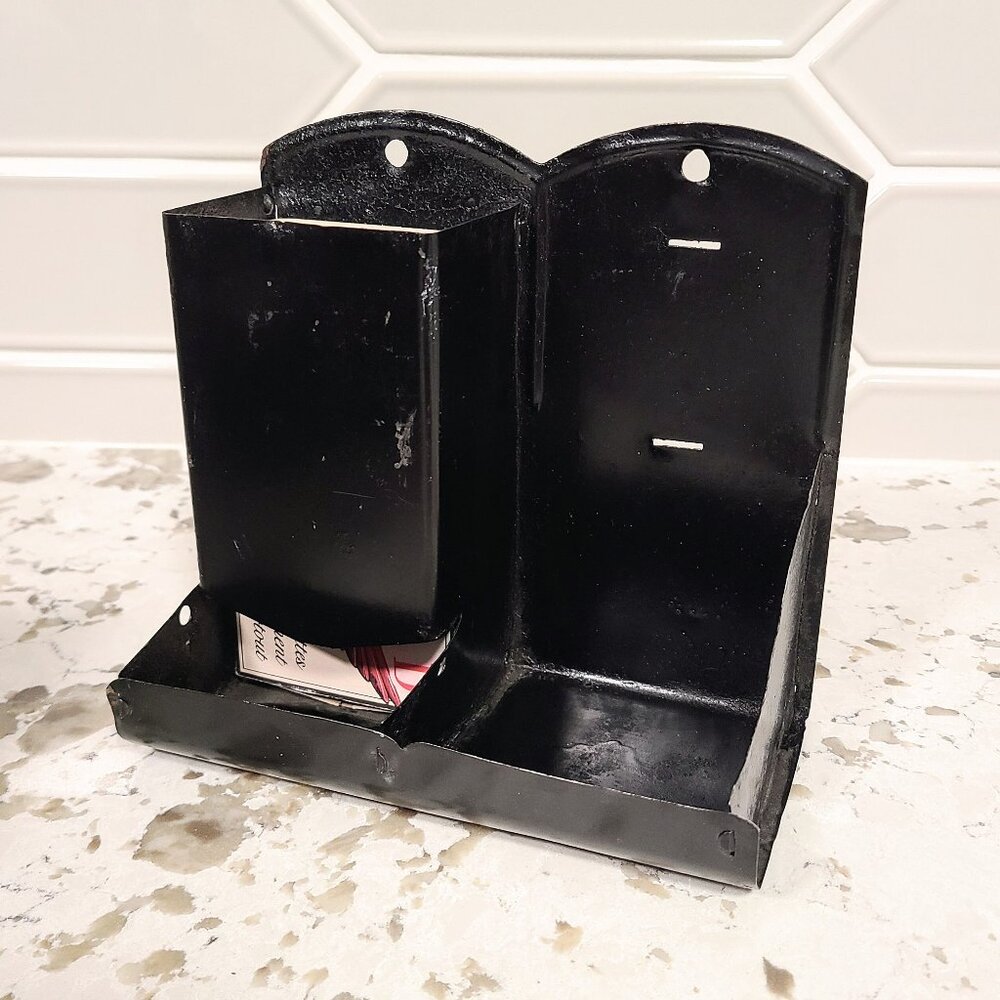 Antique Hanging Wall Matchbox Holder, Late Victorian, Press Steel & Black Enamel